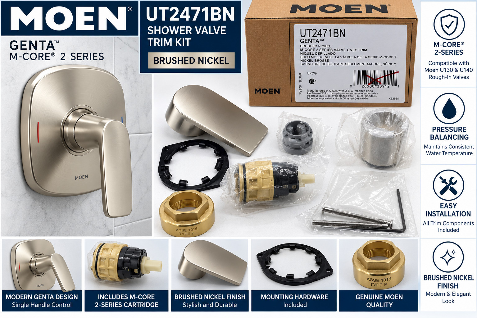 Mo*en UT2471BN Genta M-CORE 2-Series Shower Valve Trim Brushed Nickel