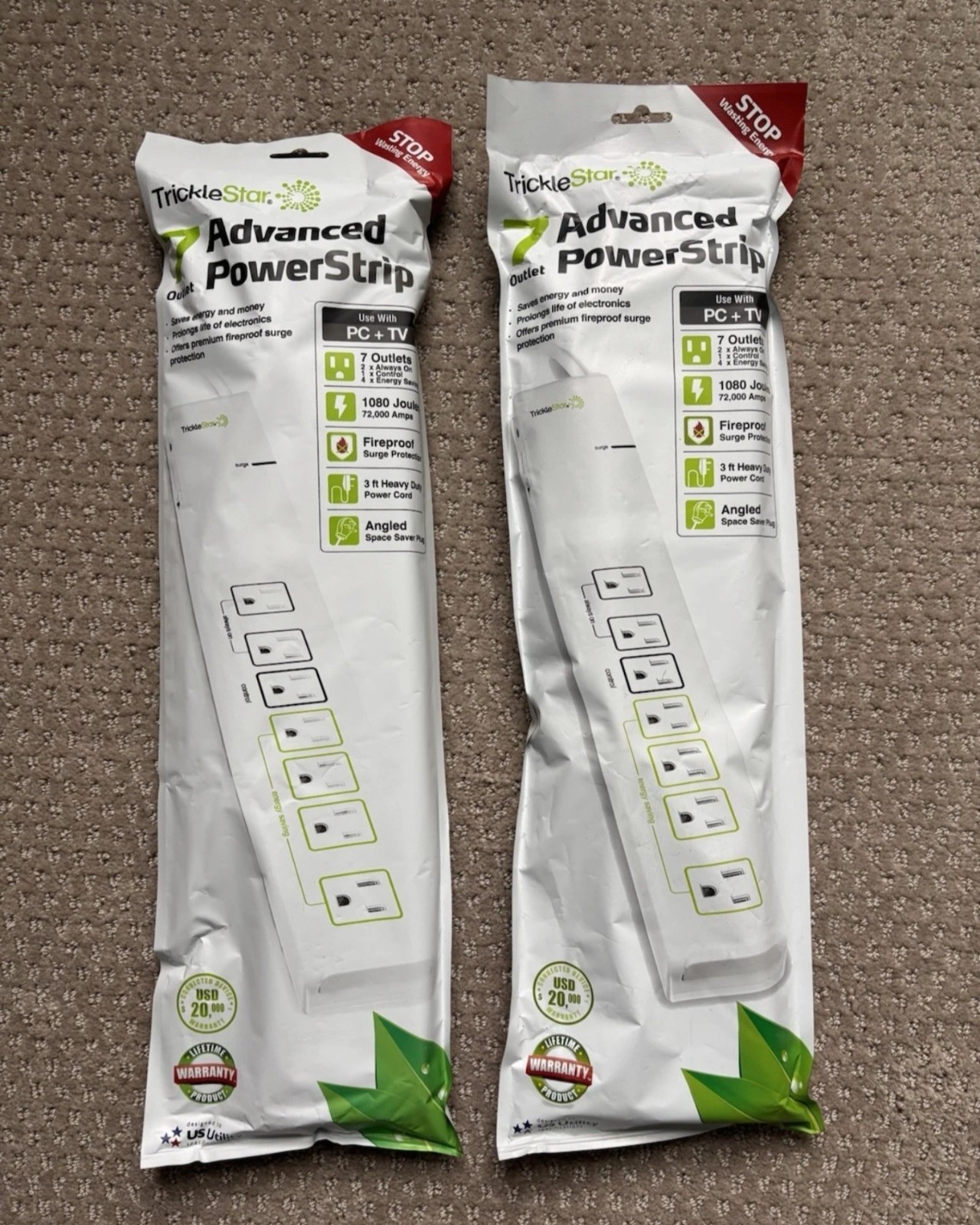 (2) TrickleStar 7 Outlet Tier 1 Advanced Smart Power Strip/Surge Protectors