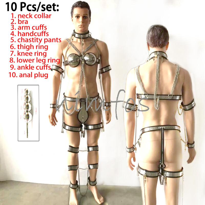 10pcs/set Stainless Steel Male Chastity Belt Device Bra Collar Hand Ankle Cuffs