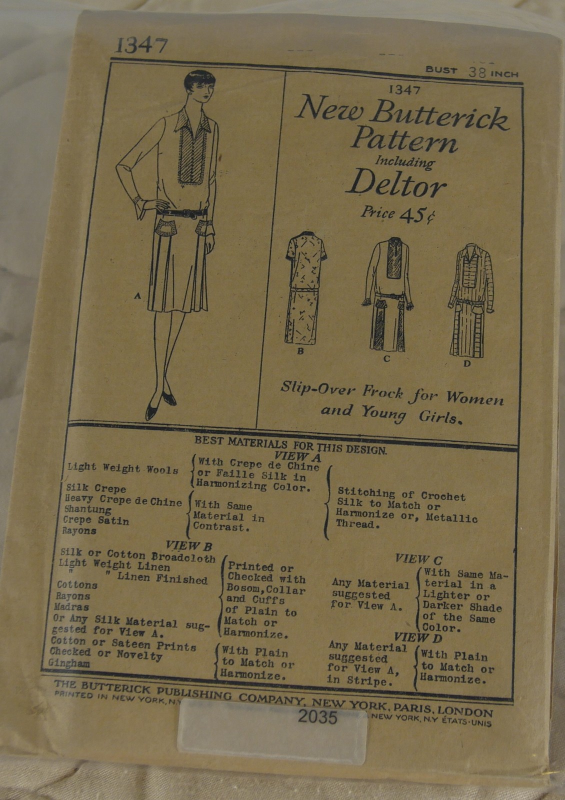 Butterick 1347 Slip-Over Frock Pattern Deltor, Bust 38 in, Vintage 1920s LTV #20 Butterick 1347 Slip-Over Frock Pattern Deltor, Bust 38 in, Vintage 1920s LTV #20