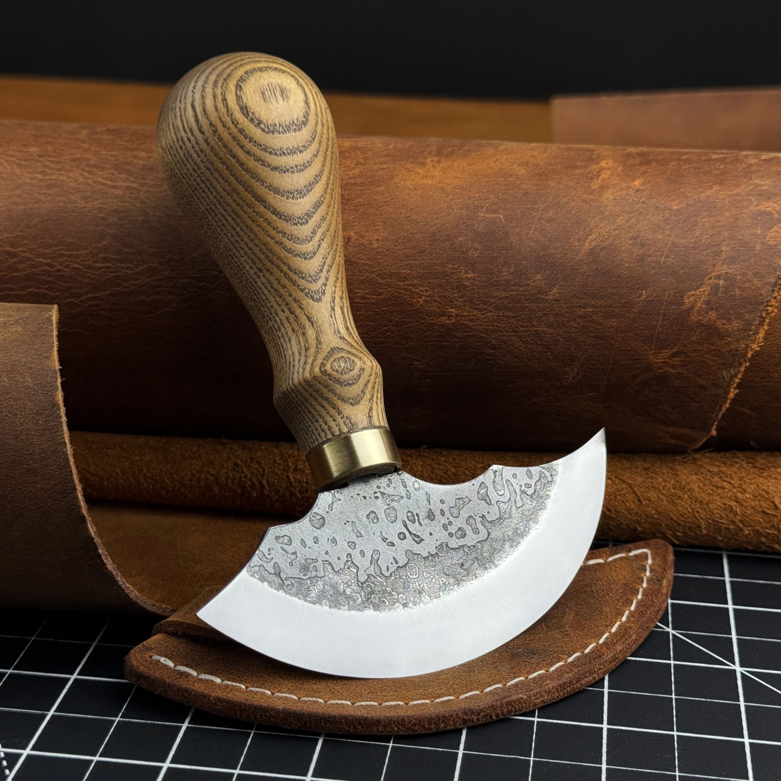 Leather Round Knife Hand Forged Head Knife 52100 Steel with Leather Sheath