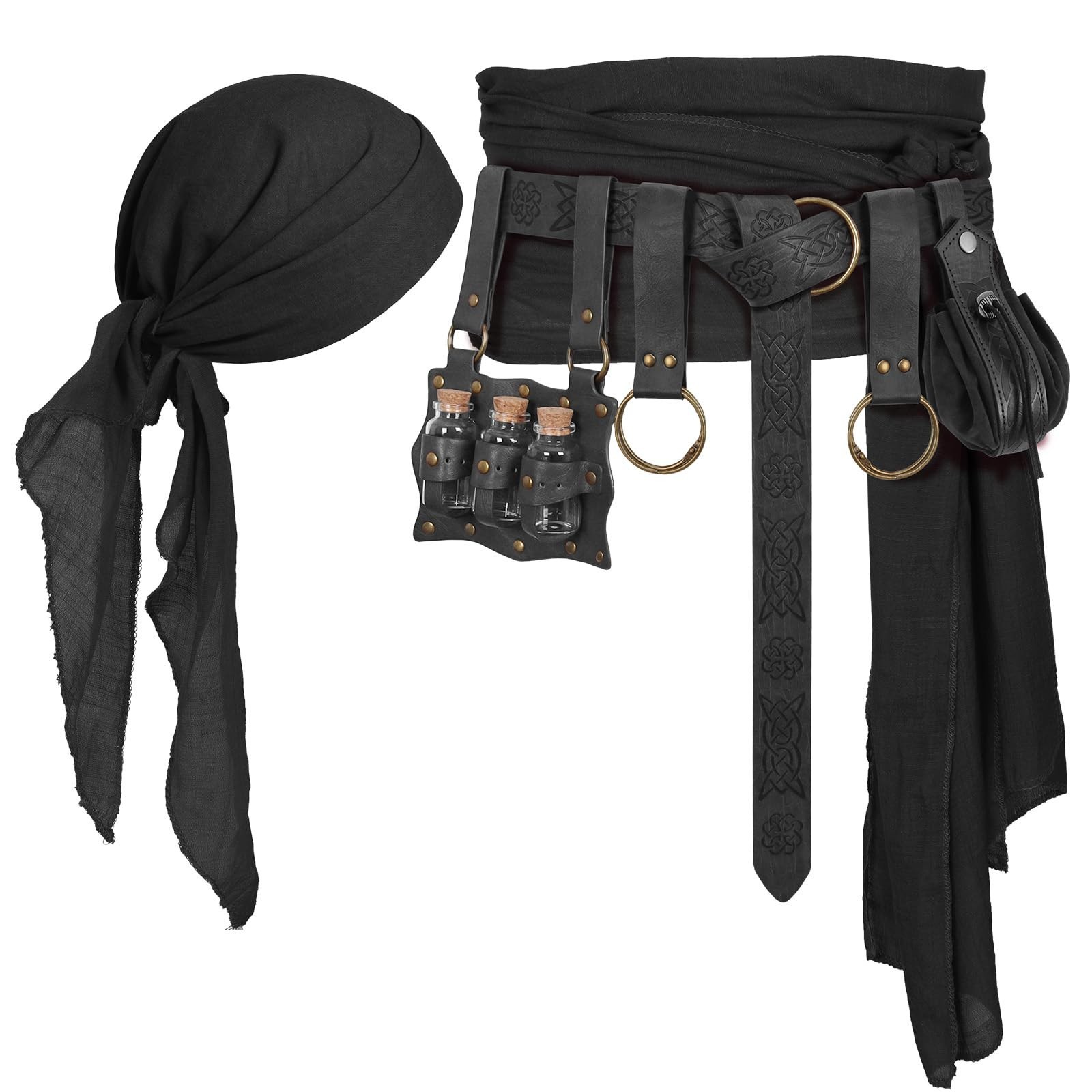 Pirate Costume Accessories Set - Bandana, Renaissance Belt & Pouch for Cosplay