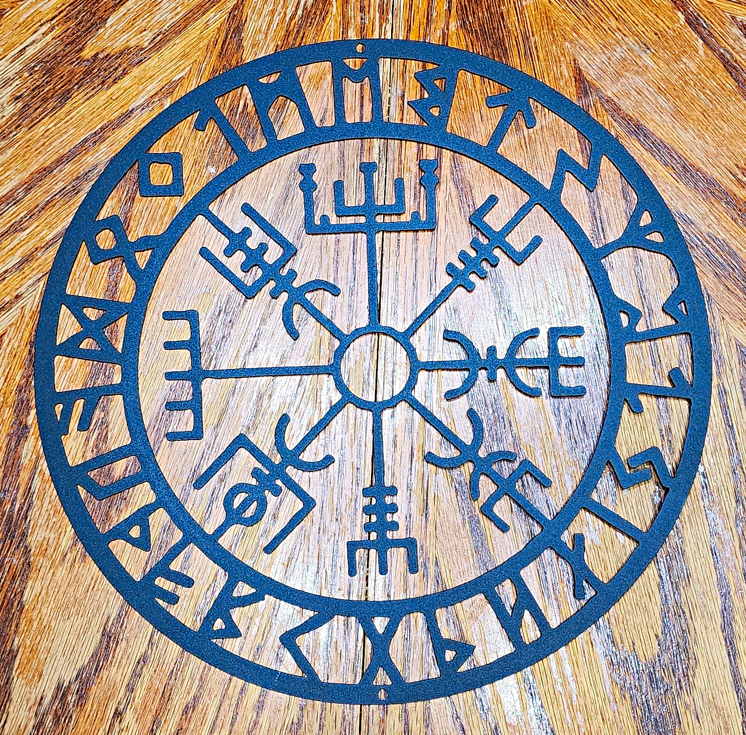 Black Matte Metal Round Vegvisir Nordic Viking Wall Plaque Sign 12 in