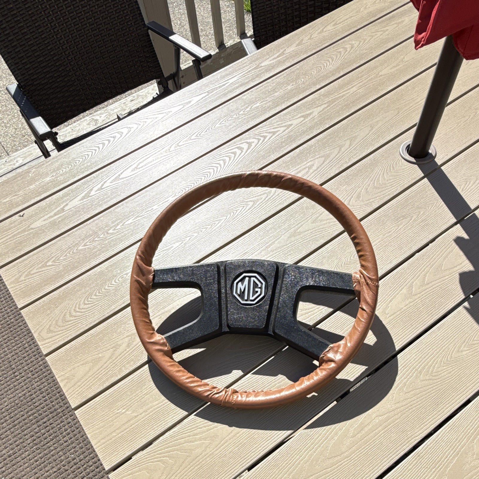Vintage 1977 MG MGB Roadster Steering Wheel Brown Leather 3-Spoke OEM Original