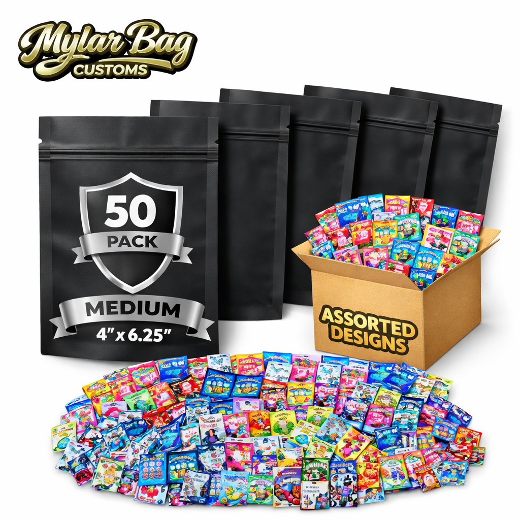 50 Pack 7g Mylar Bags Medium 4” x 6.25” Resealable Smell Proof Assorted Designs