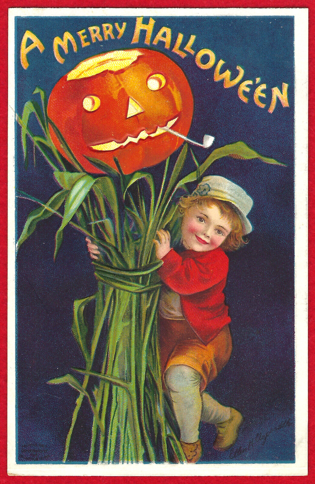 Vtg Clapsaddle Halloween Boy JOL Cornstalks A/S Emb PC 1908 Near Mint