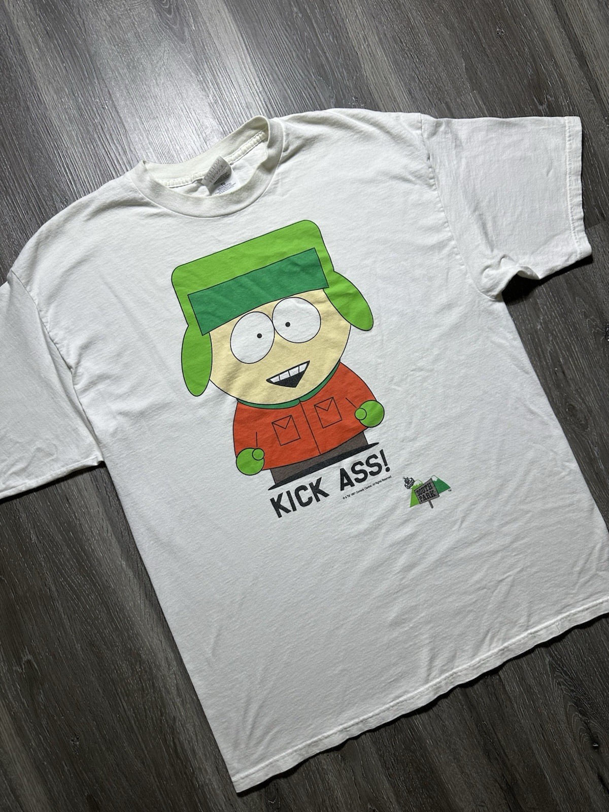 Vintage 1997 South Park Kyle Broflovski Kick Ass XL White T Shirt Rare Vintage 1997 South Park Kyle Broflovski Kick Ass XL White T Shirt Rare