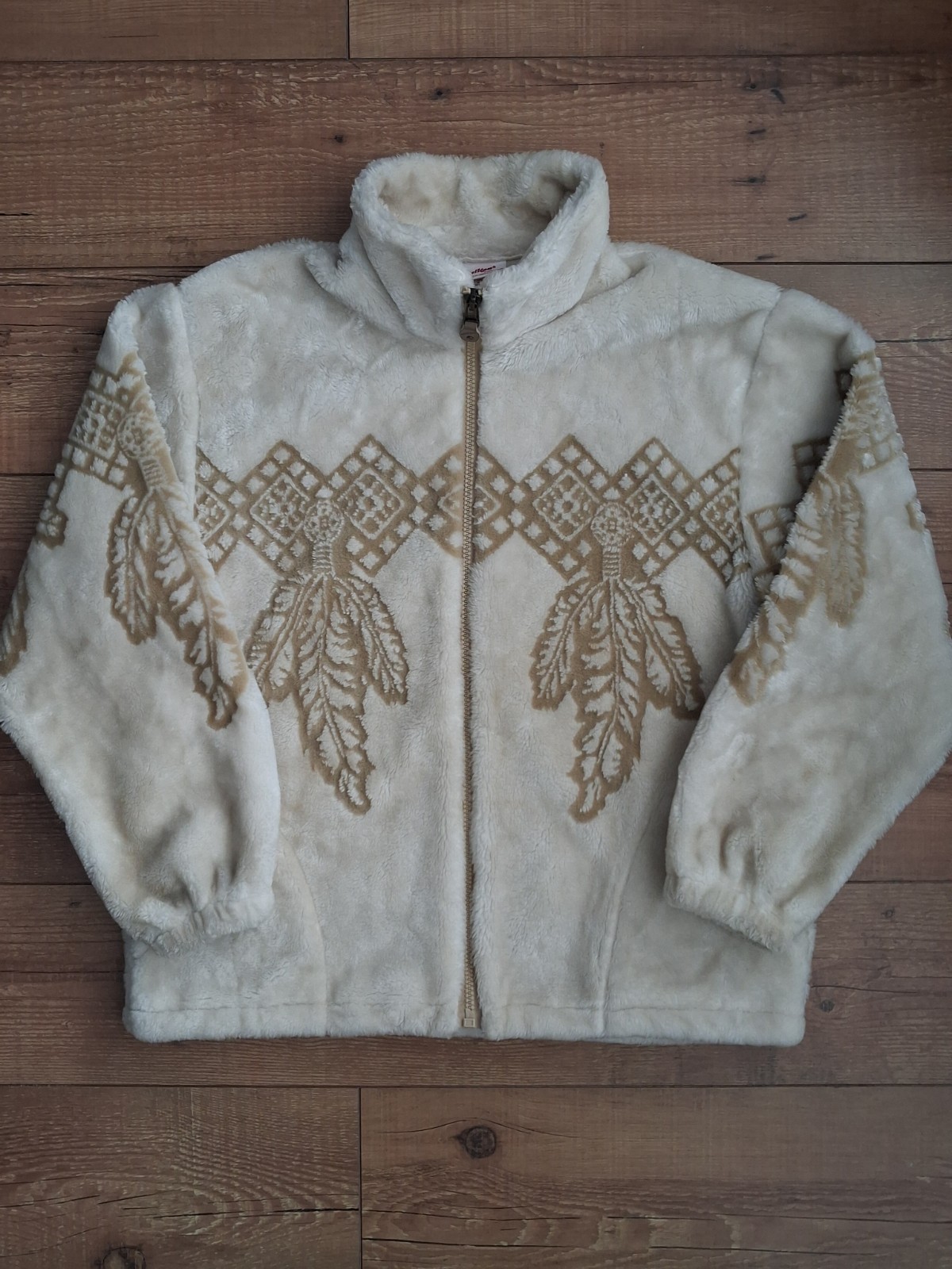 90s Vintage Milton Funwear Plush Fleece Jacket Large Cream/Beige Feather Design