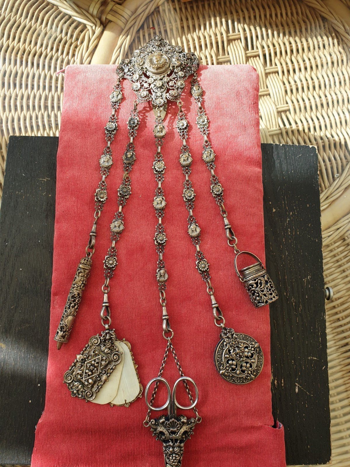 VICTORIAN ANTIQUE CHATELAINE AND TOOLS 