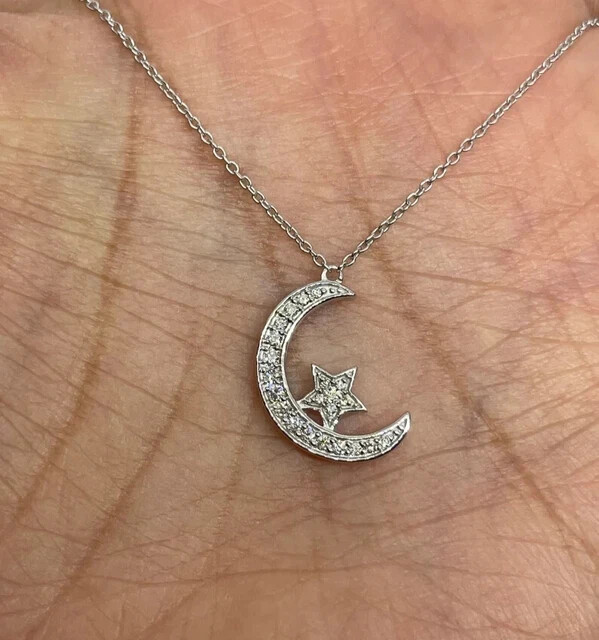 1Ct Round Cut Real Moissanite Charm Moon Star Pendant 14K White Gold Plated 18\'\'