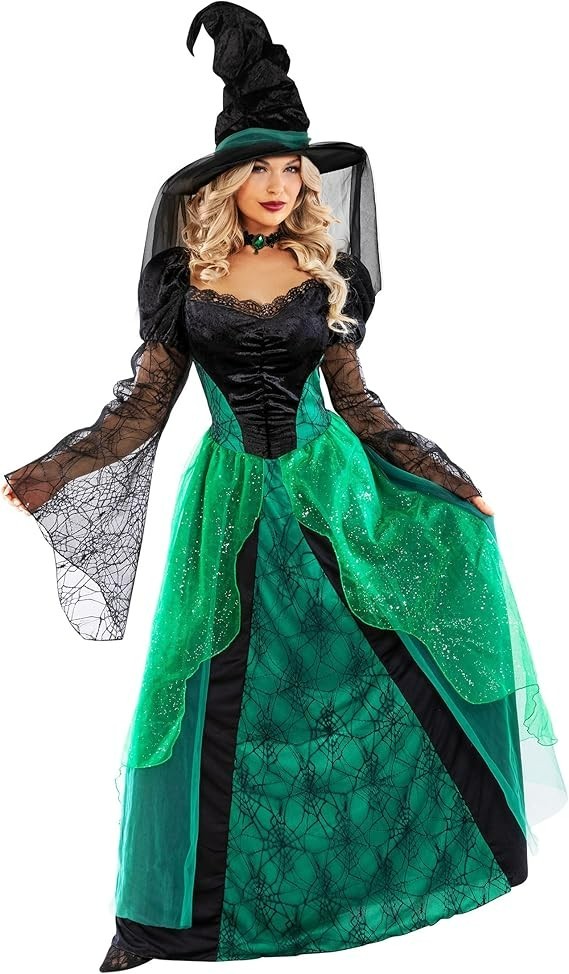 Deluxe Women`s Green Witch Costume & Hat Adult Witch Halloween Dress S - 3XL Deluxe Women`s Green Witch Costume & Hat Adult Witch Halloween Dress S - 3XL