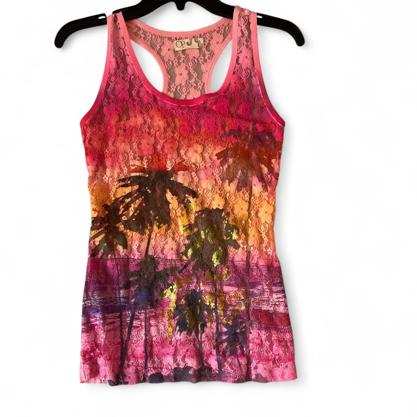Op Women\'s Pink XS Lace Racerback Tank Top Palm Tree Print Op Women\'s Pink XS Lace Racerback Tank Top Palm Tree Print