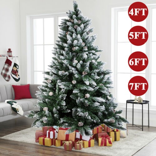 4/5/6/7Ft Snow Flocked Christmas Tree with Pine Cones Artificial Holiday Decor