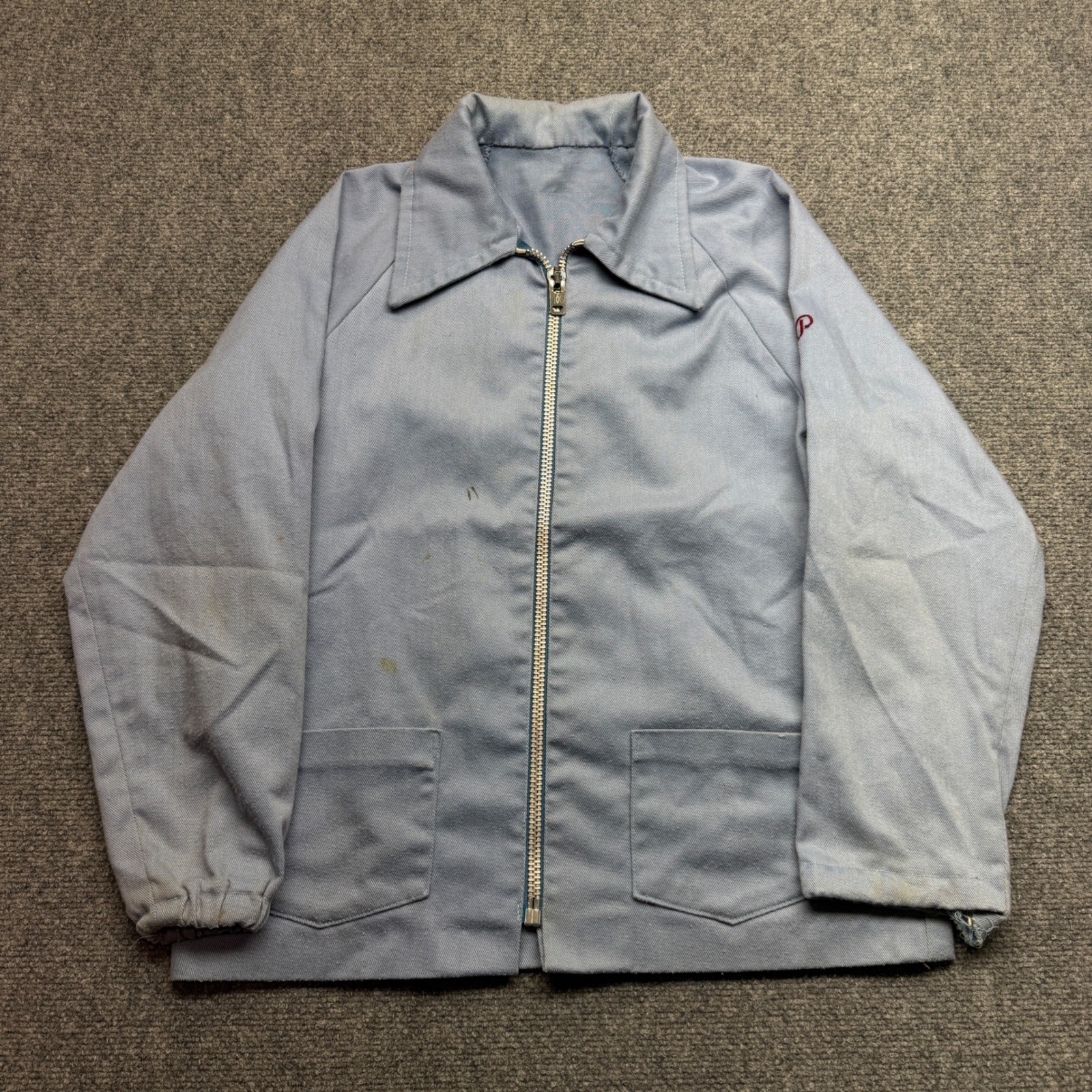 Vintage Wildcat Mascot Work Jacket Light Blue Twill Zip Up Embroidery Small 60s