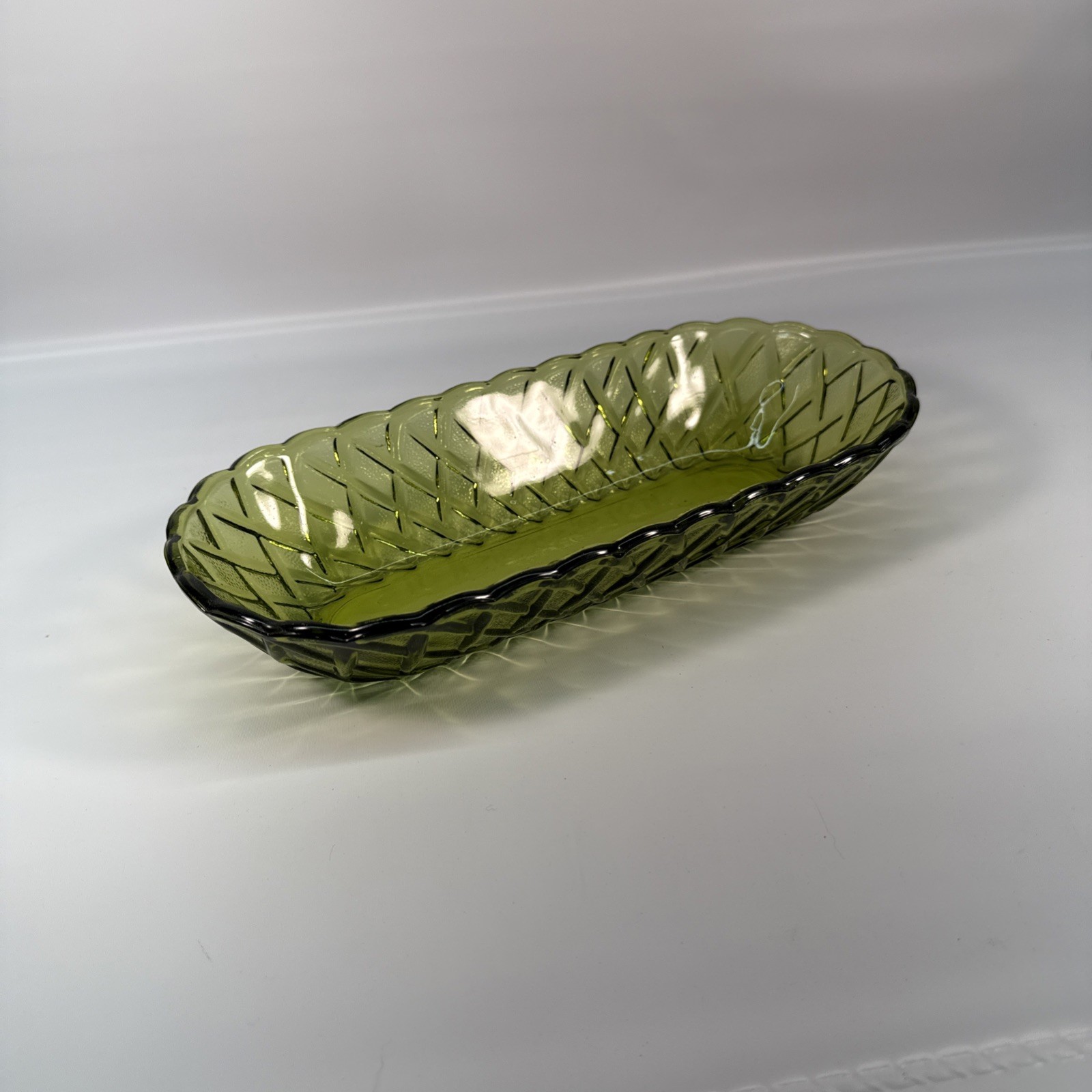 Depression Indiana Glass Basket Weave Avocado Green Celery Relish Dish 1960\'s Depression Indiana Glass Basket Weave Avocado Green Celery Relish Dish 1960\'s