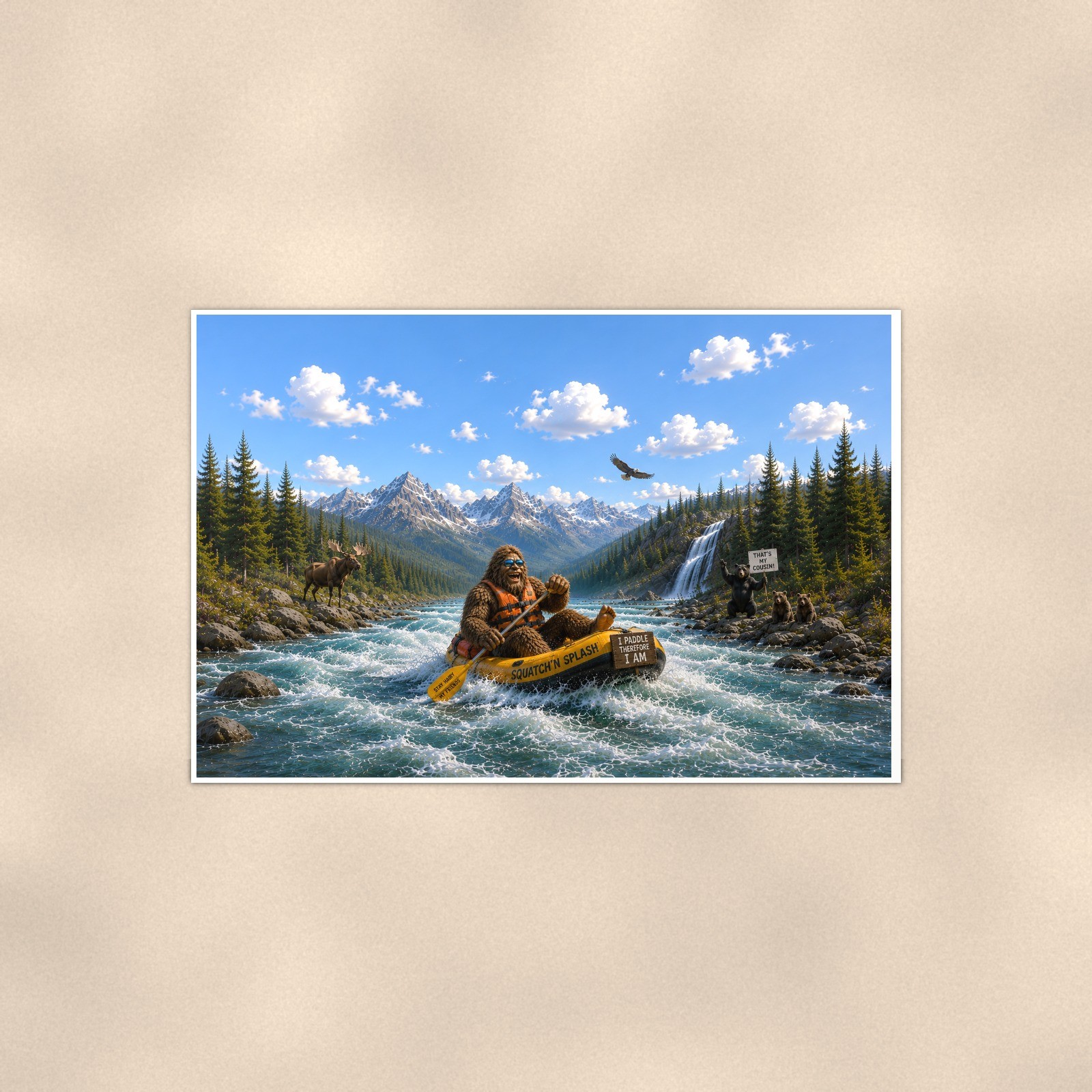 Yellow Raft Rapids Bigfoot Sasquatch Poster, 24x16 & 36x24