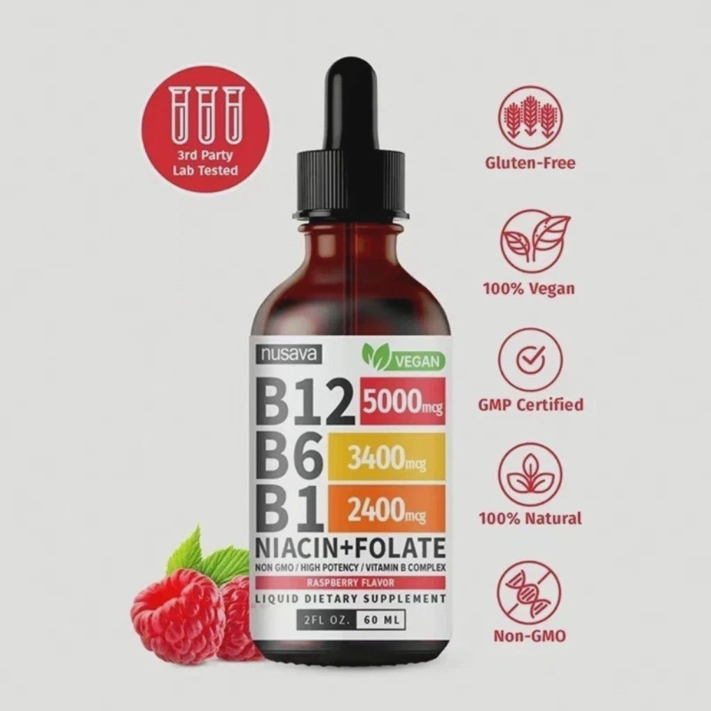 NUSAVA Vitamin B12 B6 B1 Liquid Drops Sublingual B Complex Supplement