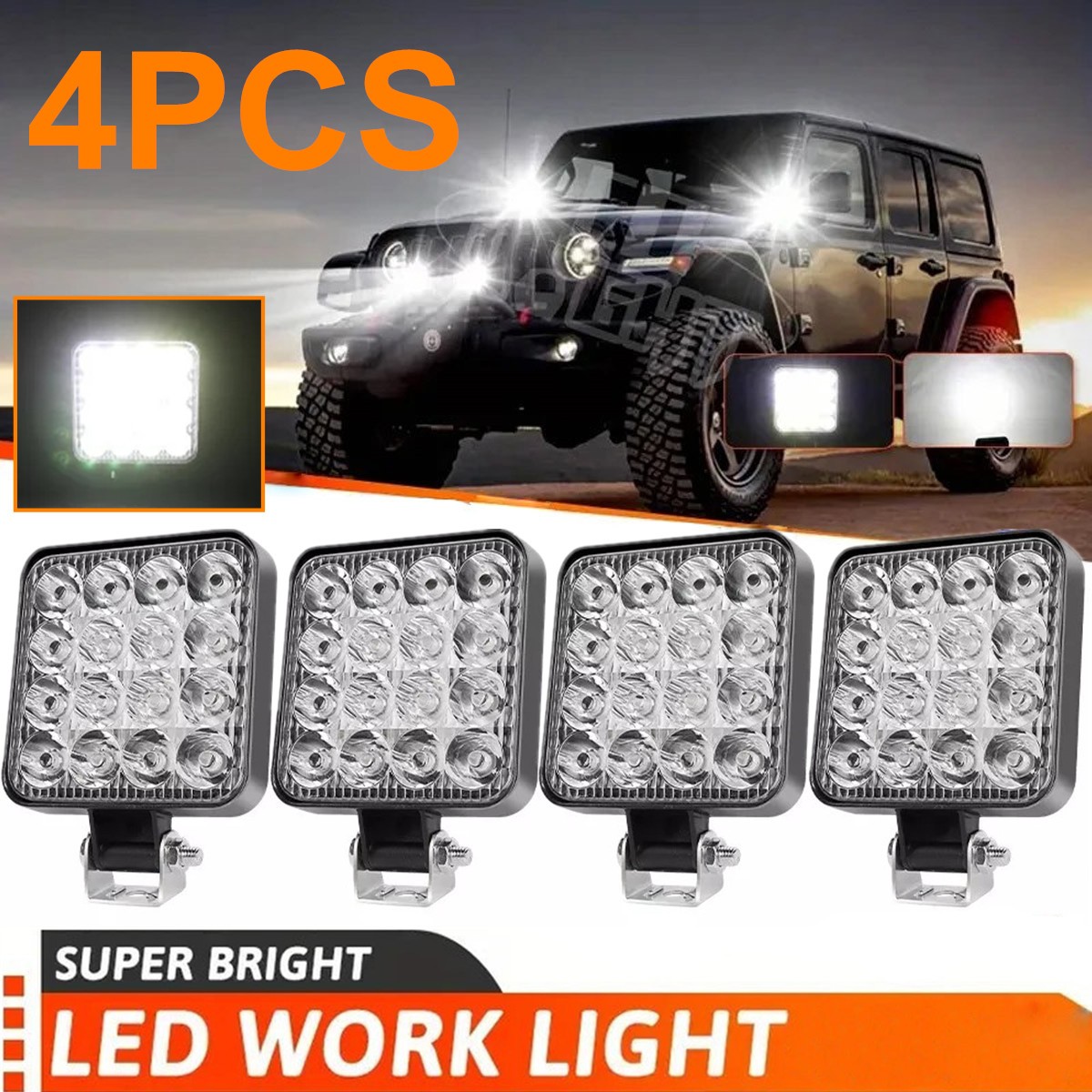 12V 4PCS Square LED Light Work Pods Spot Lights For Truck Off Road 4X4 Tractor