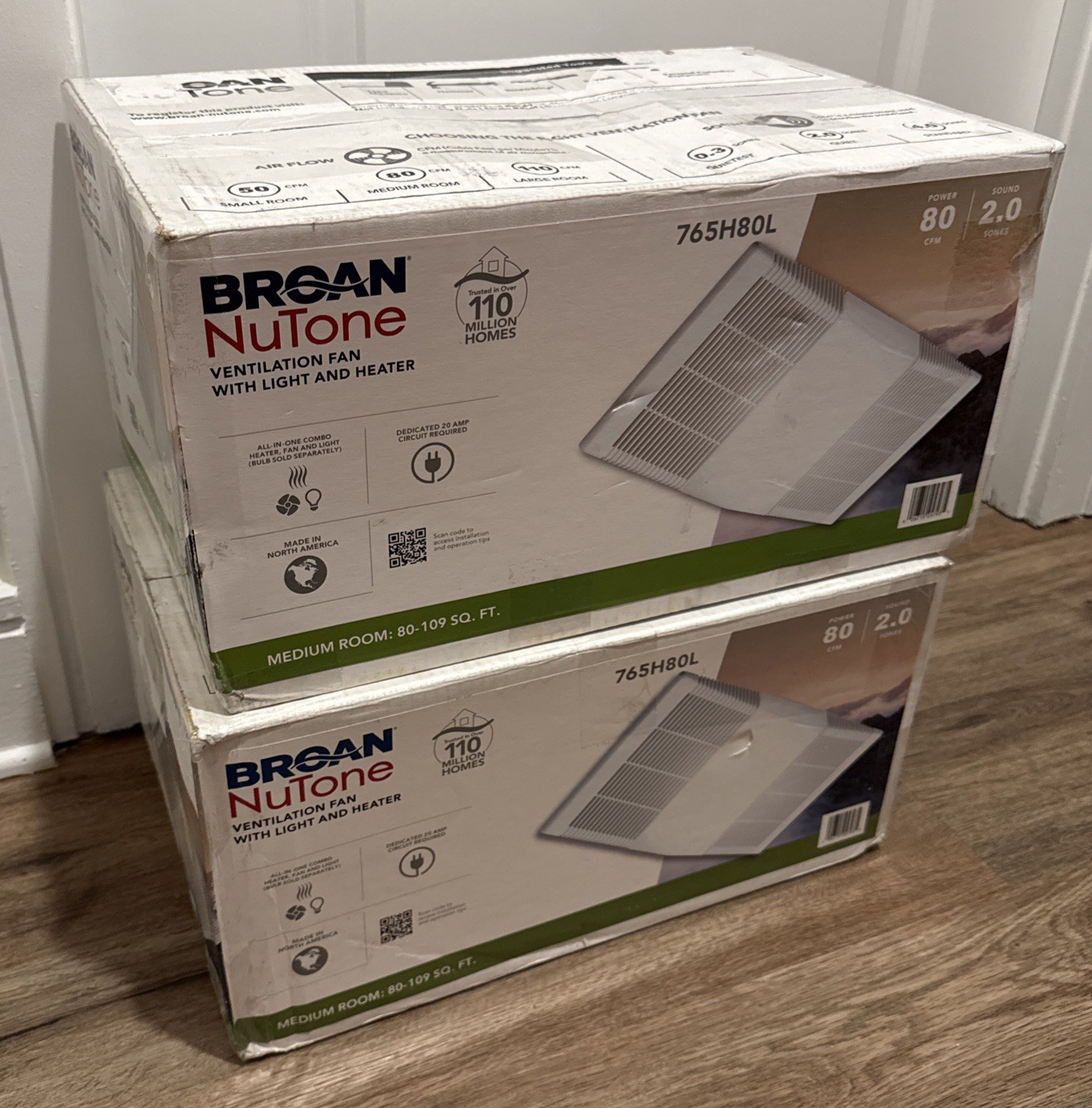 Broan-NuTone 765H80L 80 CFM Bathroom Fan w/Light & 1300W Heater - NEW  (2-pack)