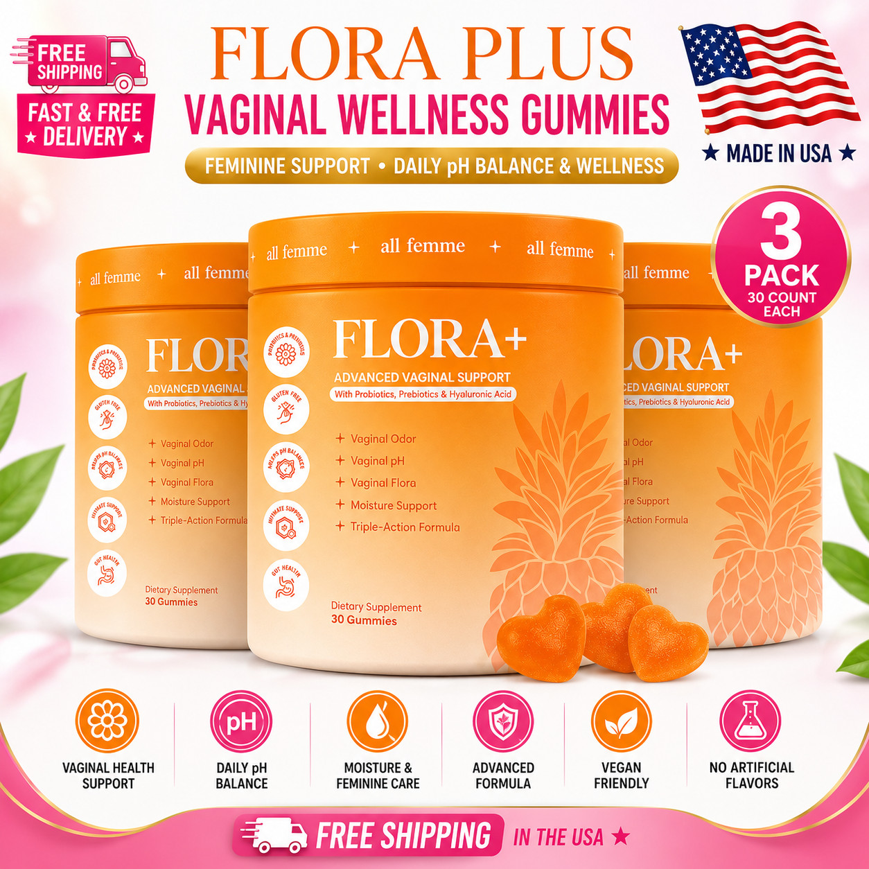 Flora Plus 3 Pack Vaginal Wellness Gummies, 30 Count Each, Feminine Support, Dai