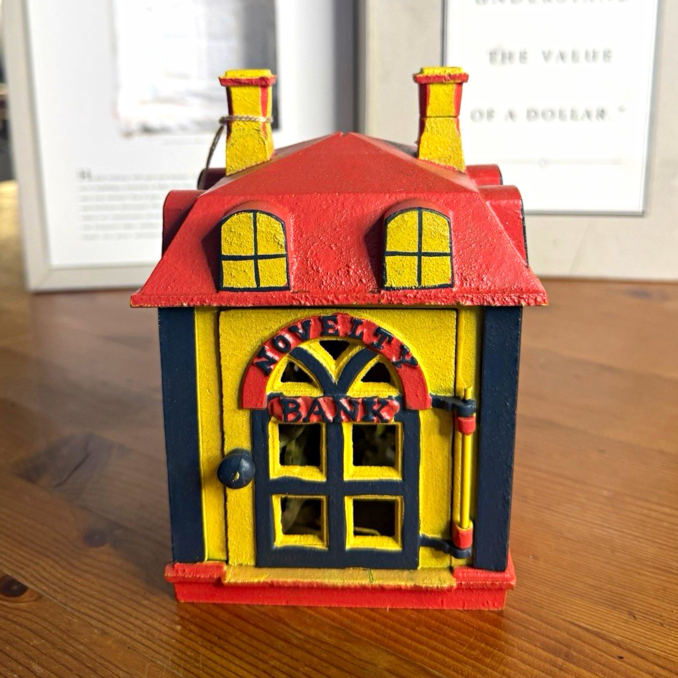 Vintage Cast Iron Mechanical Novelty Bank Teller Coin Bank Reproduction Vintage Cast Iron Mechanical Novelty Bank Teller Coin Bank Reproduction