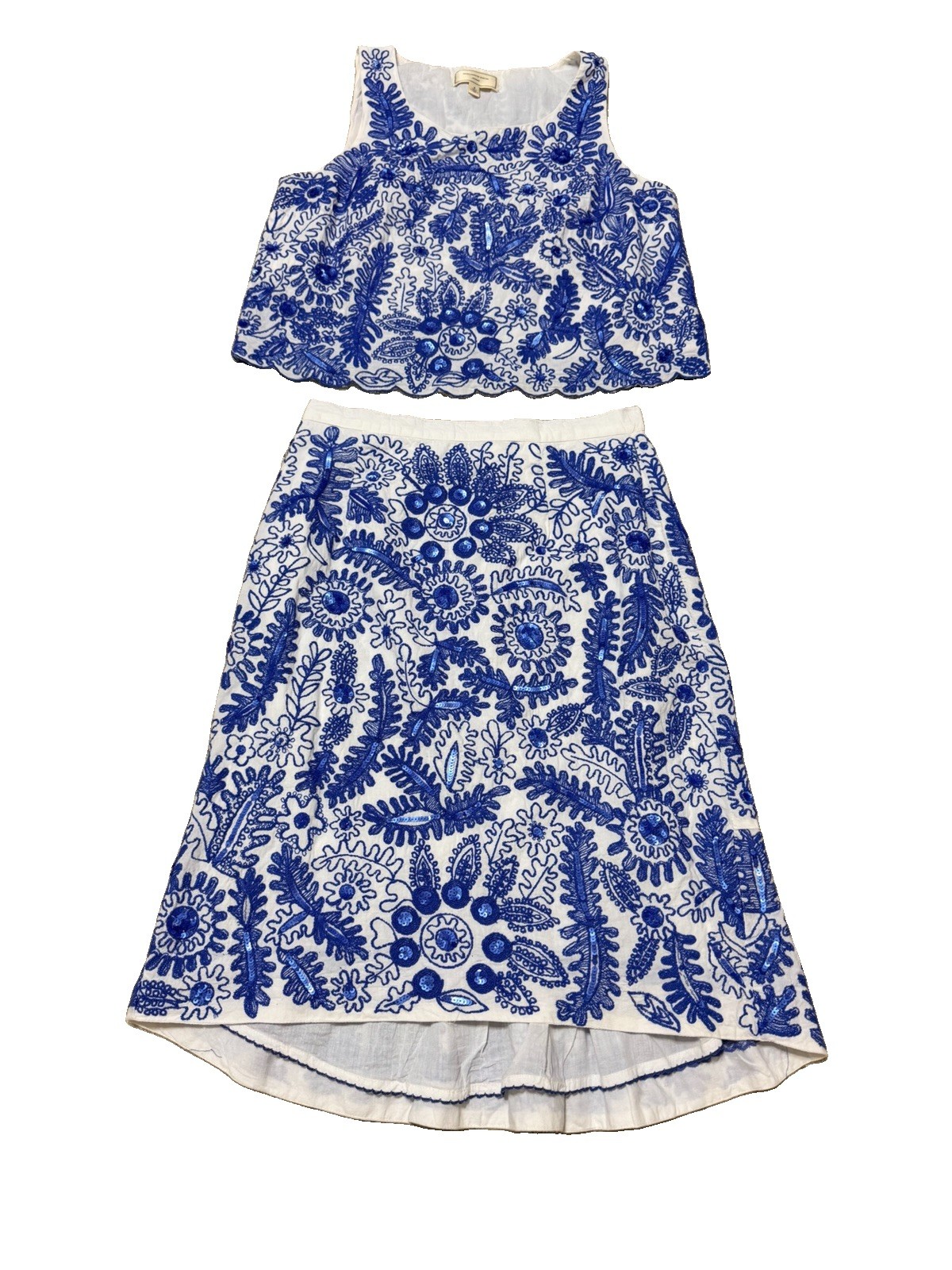 Moulinette Soeurs Anthropologie Top & Skirt Set 4 Embellished Bleuet Blue White