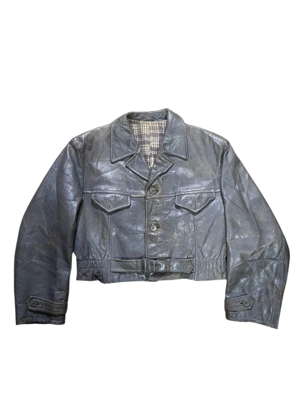 Vintage 1940s Cossack Leather Jacket Cropped Moto Belted Plaid Lined Grey M Vintage 1940s Cossack Leather Jacket Cropped Moto Belted Plaid Lined Grey M