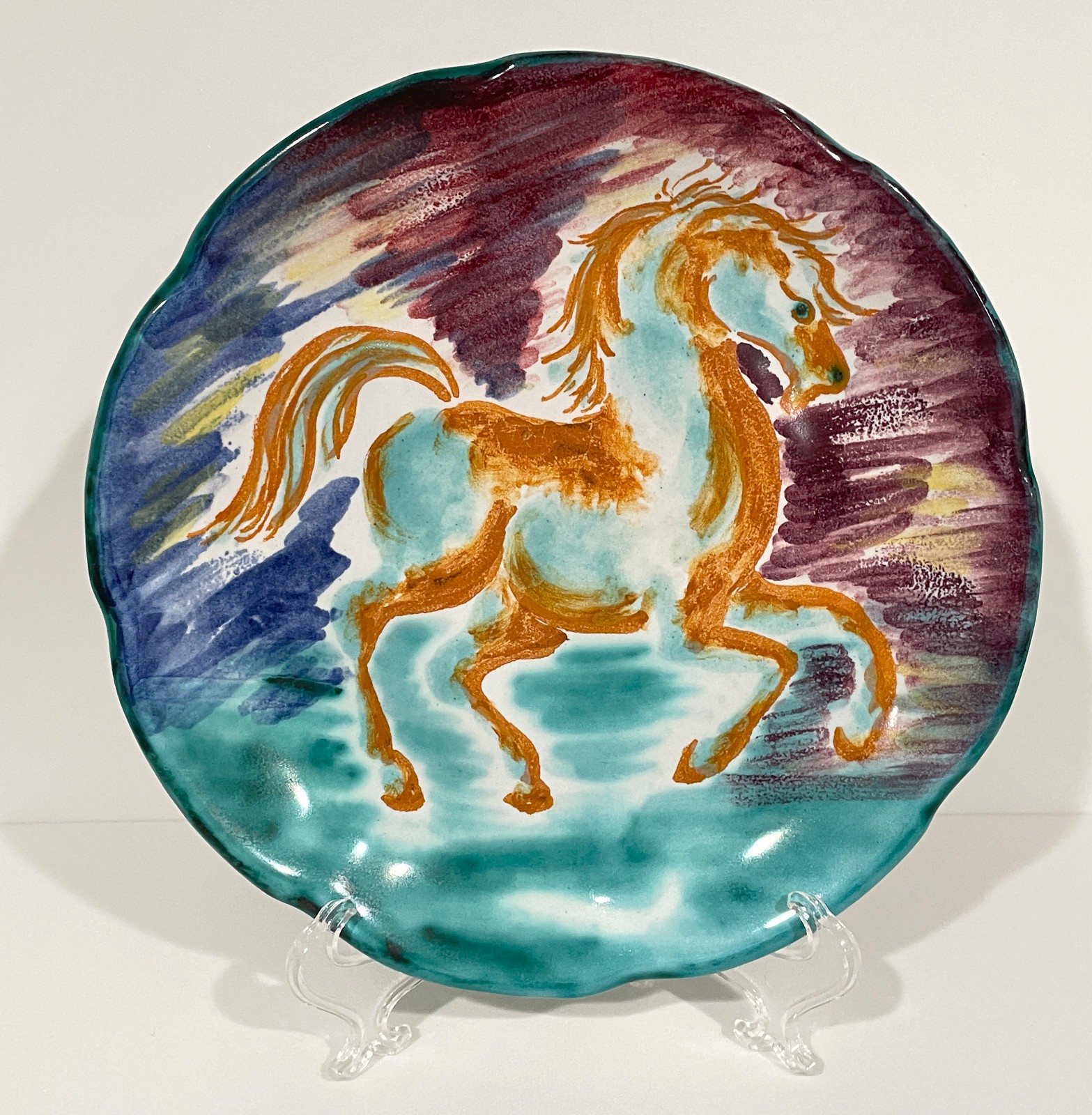 VINTAGE ALIGI SASSU CERAMIC PLATE HORSE HAND PAINTED ITALIAN POTTERY MCM RARE 3