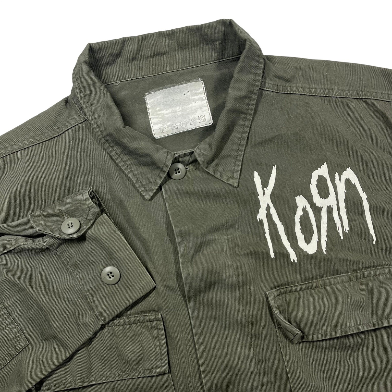 Vintage Korn Military Field Jacket Mens Large Green Band Logo Graphic Grunge