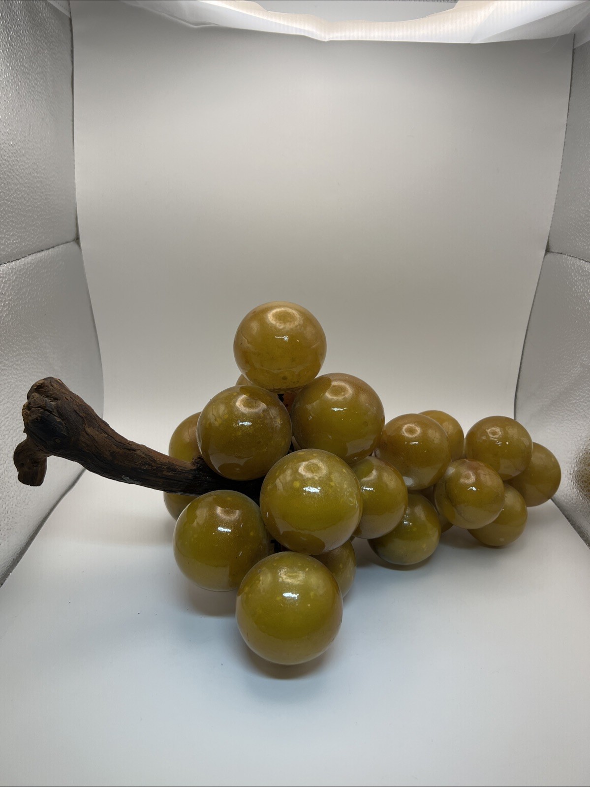 Vtg Stone Fruit Grape Cluster Golden Yellow Alabaster , Wood Stem , Italian 16”