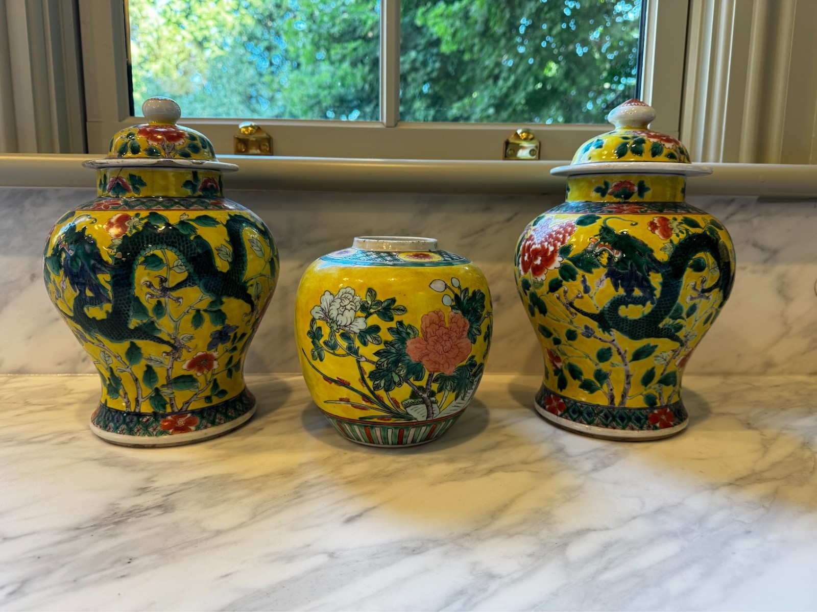 Pair 19thC Chinese Yellow Ground Dragon Porcelain Ginger Jars Kangxi Marks