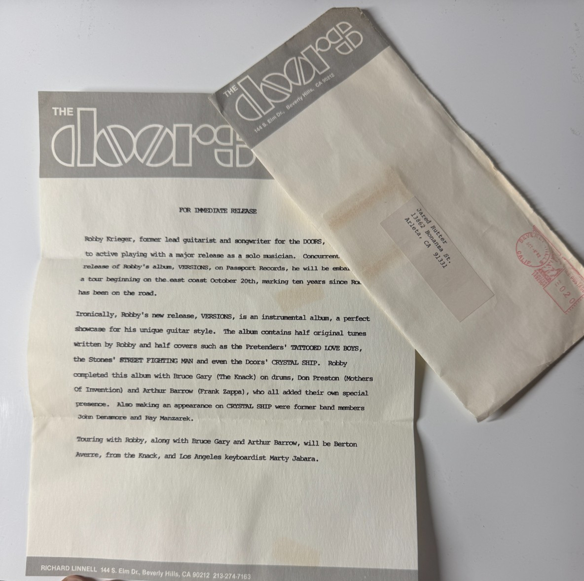 Robby Krieger The Doors 1982 Press Release & Original Mailing Envelope Versions 
