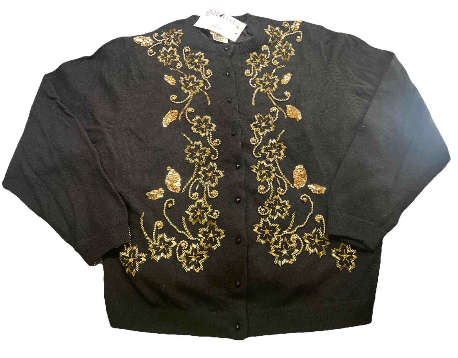 Zell Ucci Cardigan XL Black Angora/Lambs Wool Sequin Holiday Vtg Hong Kong Zell Ucci Cardigan XL Black Angora/Lambs Wool Sequin Holiday Vtg Hong Kong