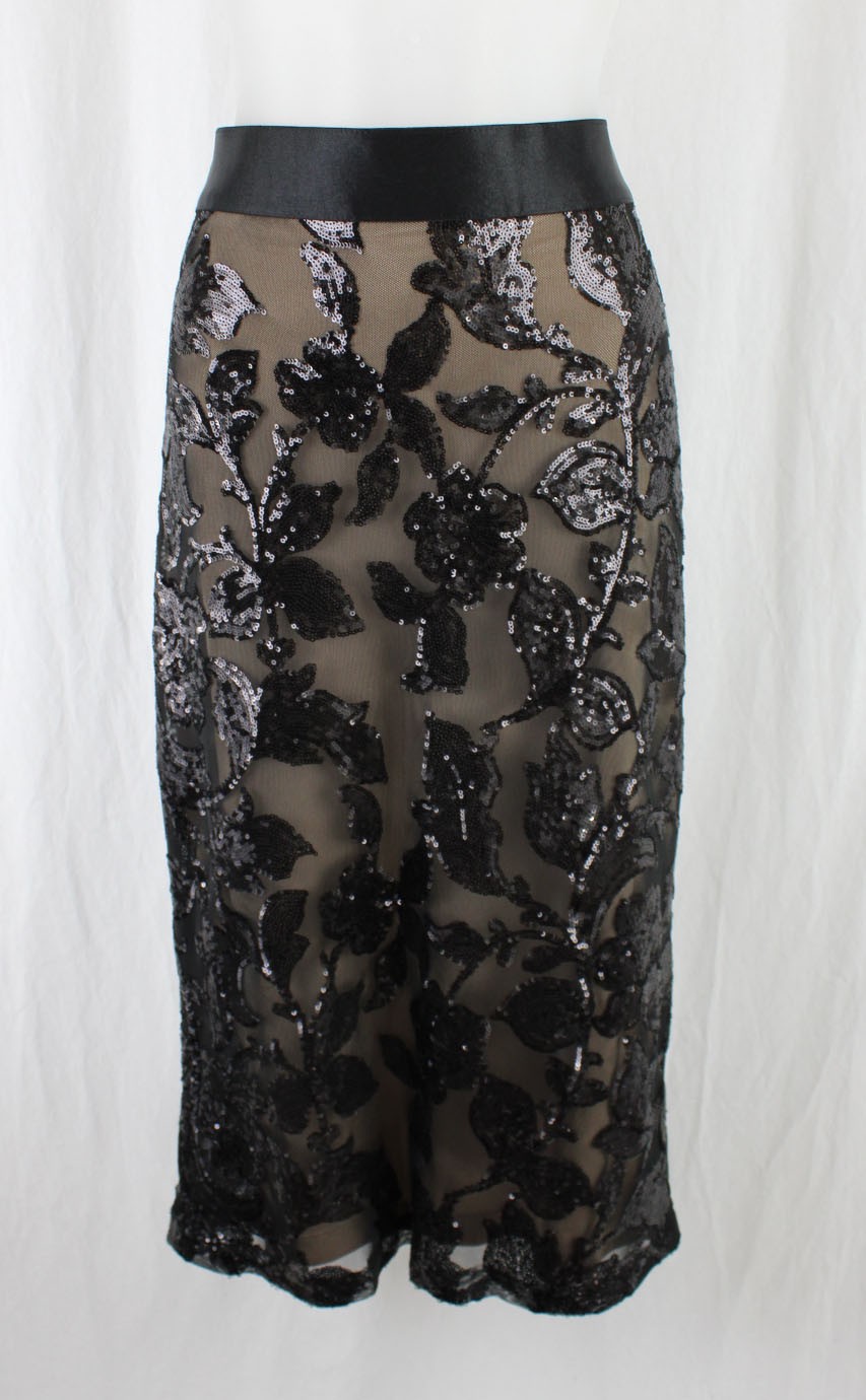 Joseph Ribkoff NWT Women\'s Black Mesh Sequin Print Stretch Waist Skirt Size 14