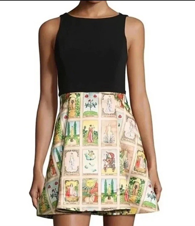 Alice + Olivia Kourtney Tarot Card Print Cocktail Party Mini Dress Black Size 4