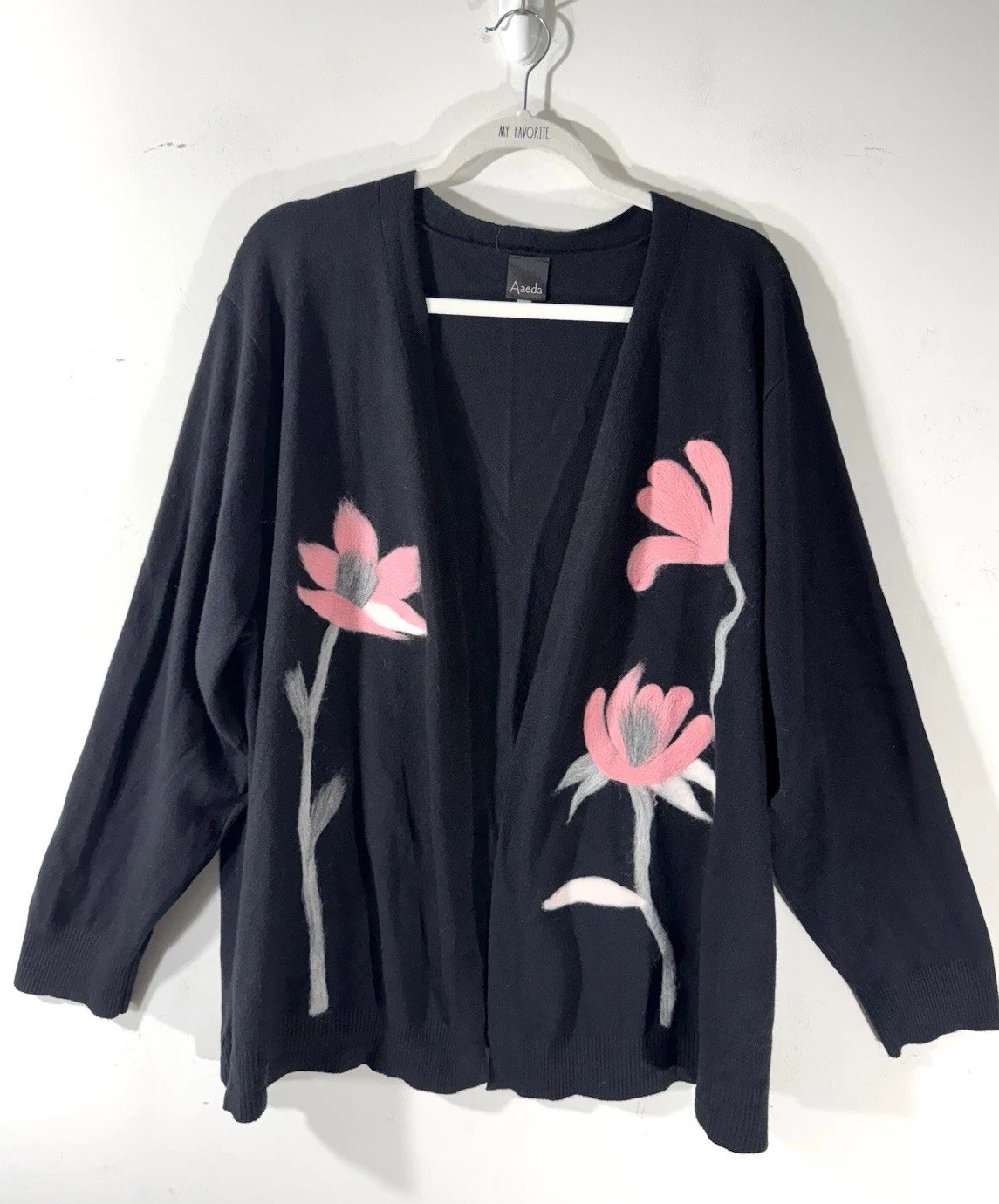 Aaeda Black Open Cardigan Sweater Pink Flowers Size 3X Boho Cottage Artsy Preppy