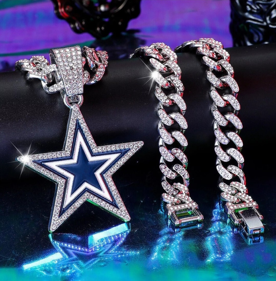 DALLAS COWBOYS Silver CZ Chain Fan Jewelry Bling Hip Hop Pendant And 24\ DALLAS COWBOYS Silver CZ Chain Fan Jewelry Bling Hip Hop Pendant And 24\