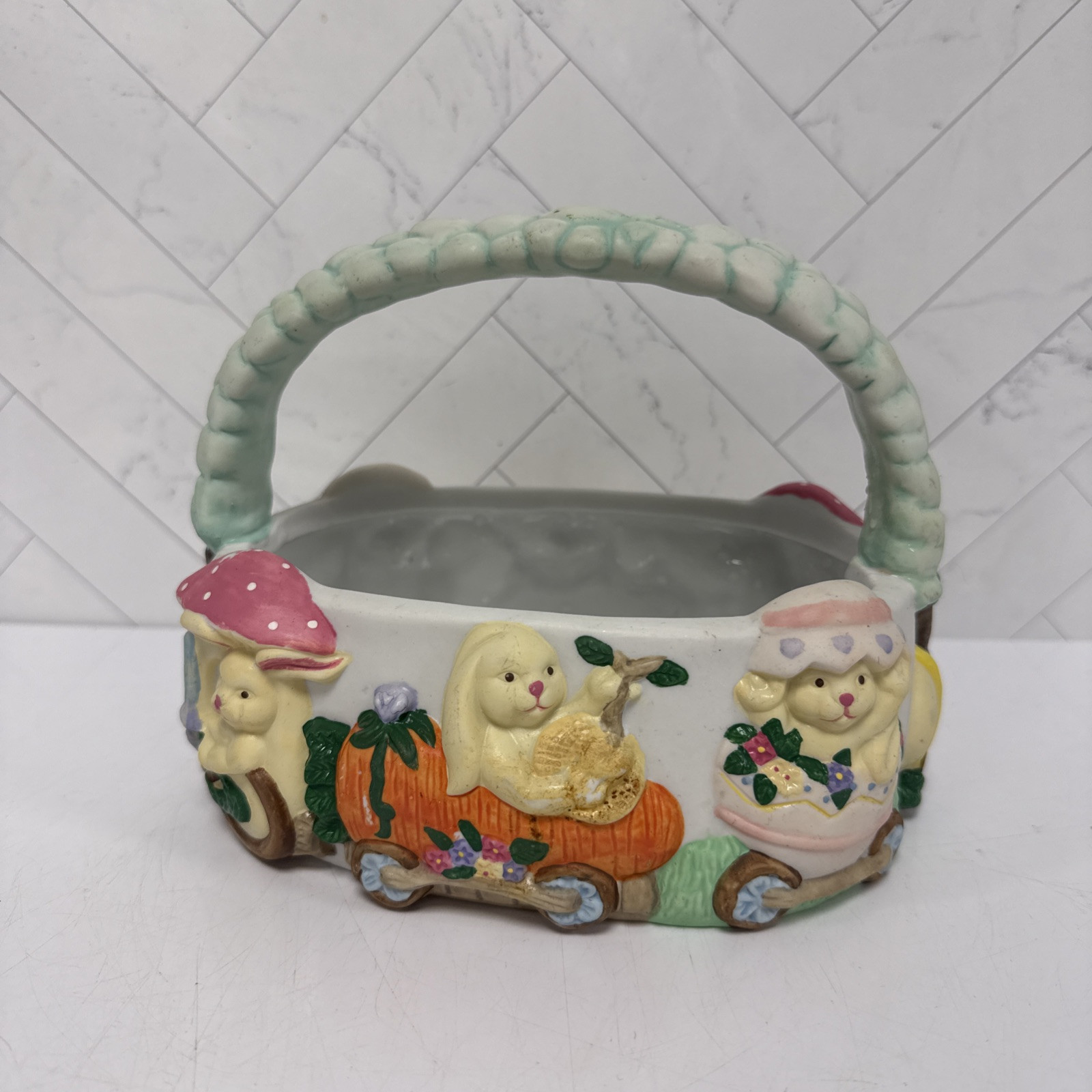 Vintage 1995 Porcelain Easter Basket Train Stamped ABC Distributing Bunnies Vintage 1995 Porcelain Easter Basket Train Stamped ABC Distributing Bunnies