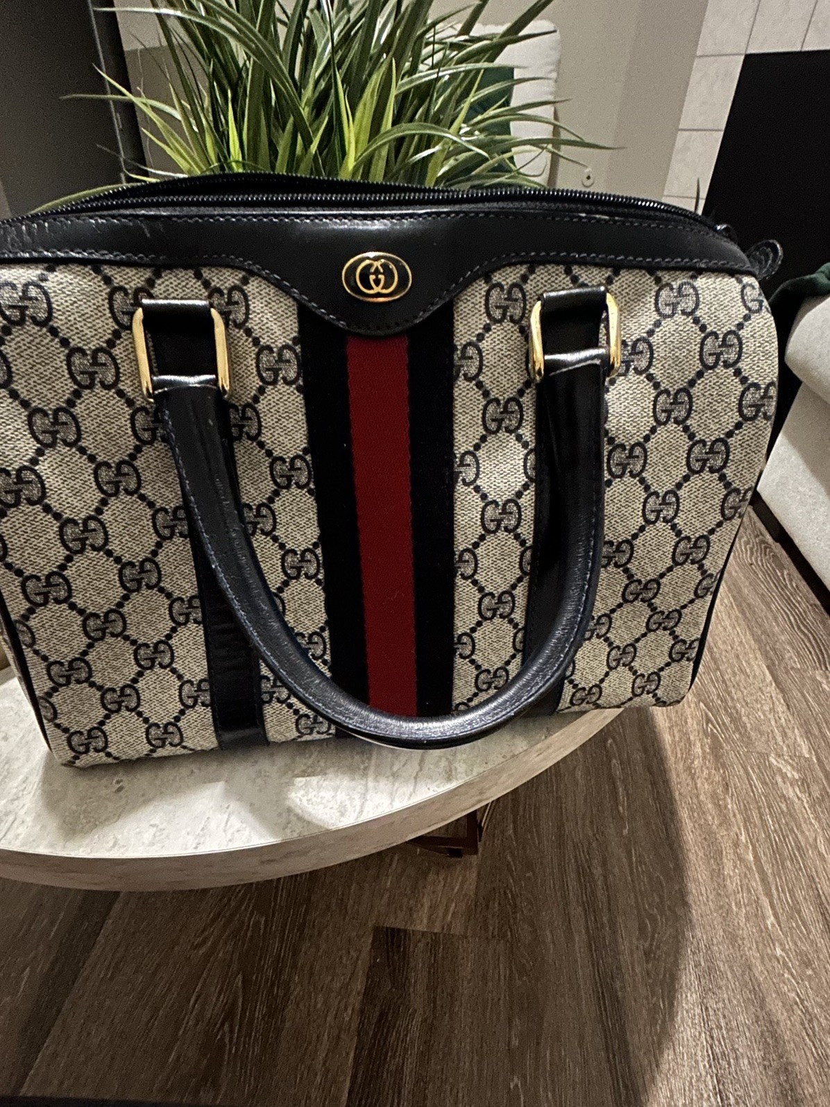 GUCCI GG Supreme Sherry Line Boston Bag PVC Navy Red gold 012 3841 58 Auth 94248