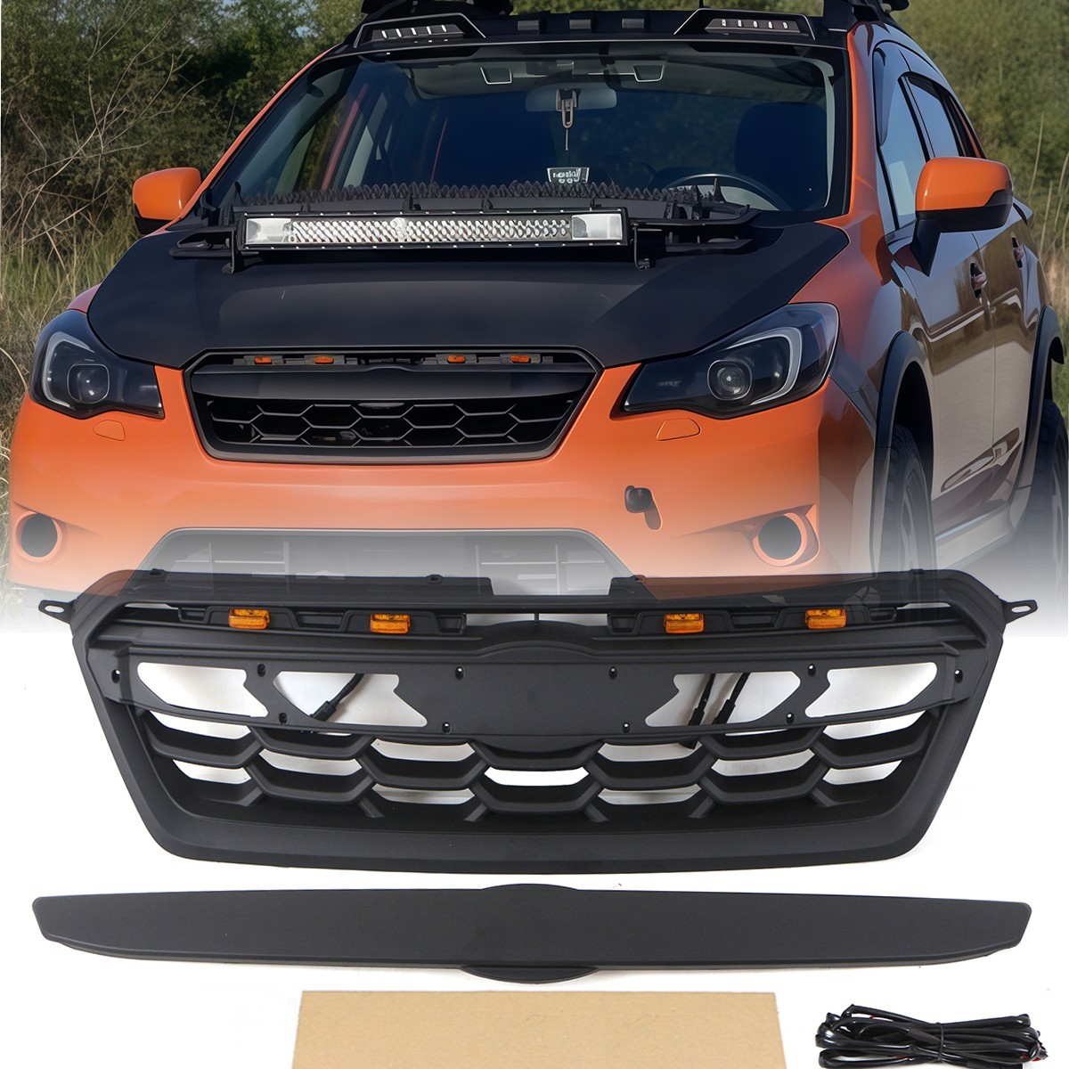 Front Grille W/Led Light Fit For 2012-2017 SUBARU XV Black Upper Grill