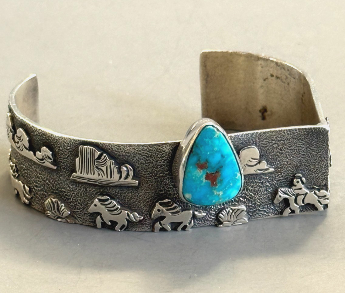 NAVAJO AMAZING RB Richard Begay Sterling Overlay Turquoise RARE ANGLED CUFF 46g