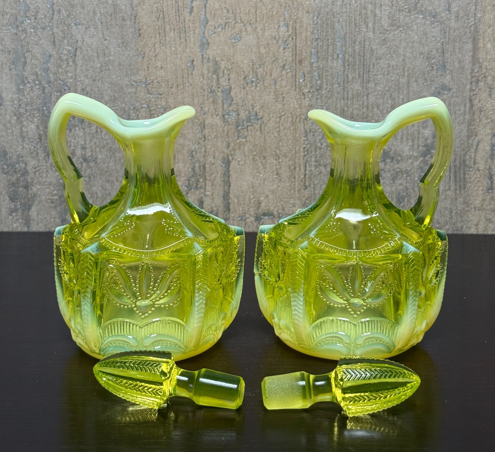 RARE Fenton Cactus Vaseline Opalescent Glass Cruet Sugar Creamer Jar Choice