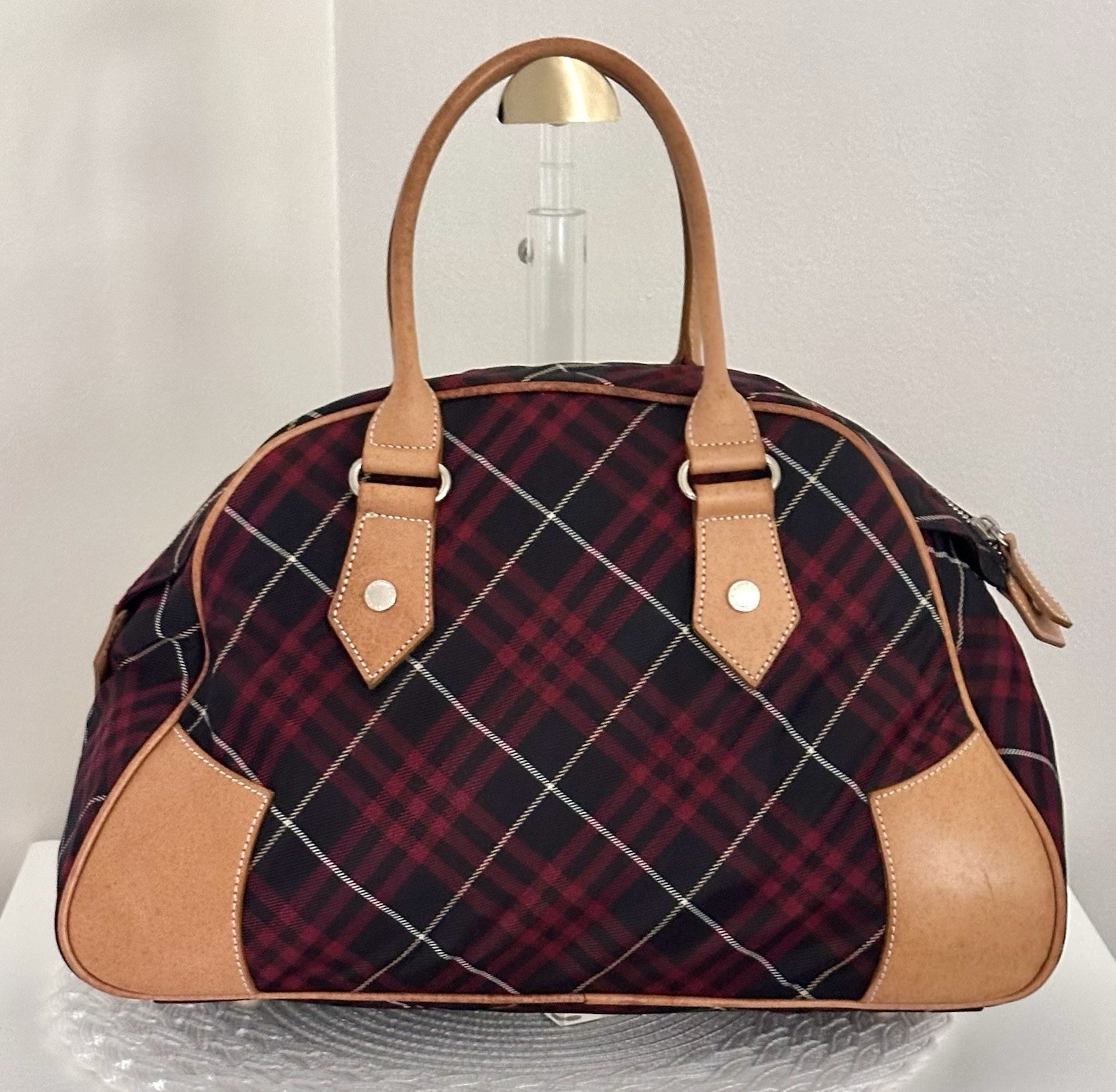Burberry Blue Label Vintage Blue Red Nova Check Nylon Leather Boston Bowling Bag