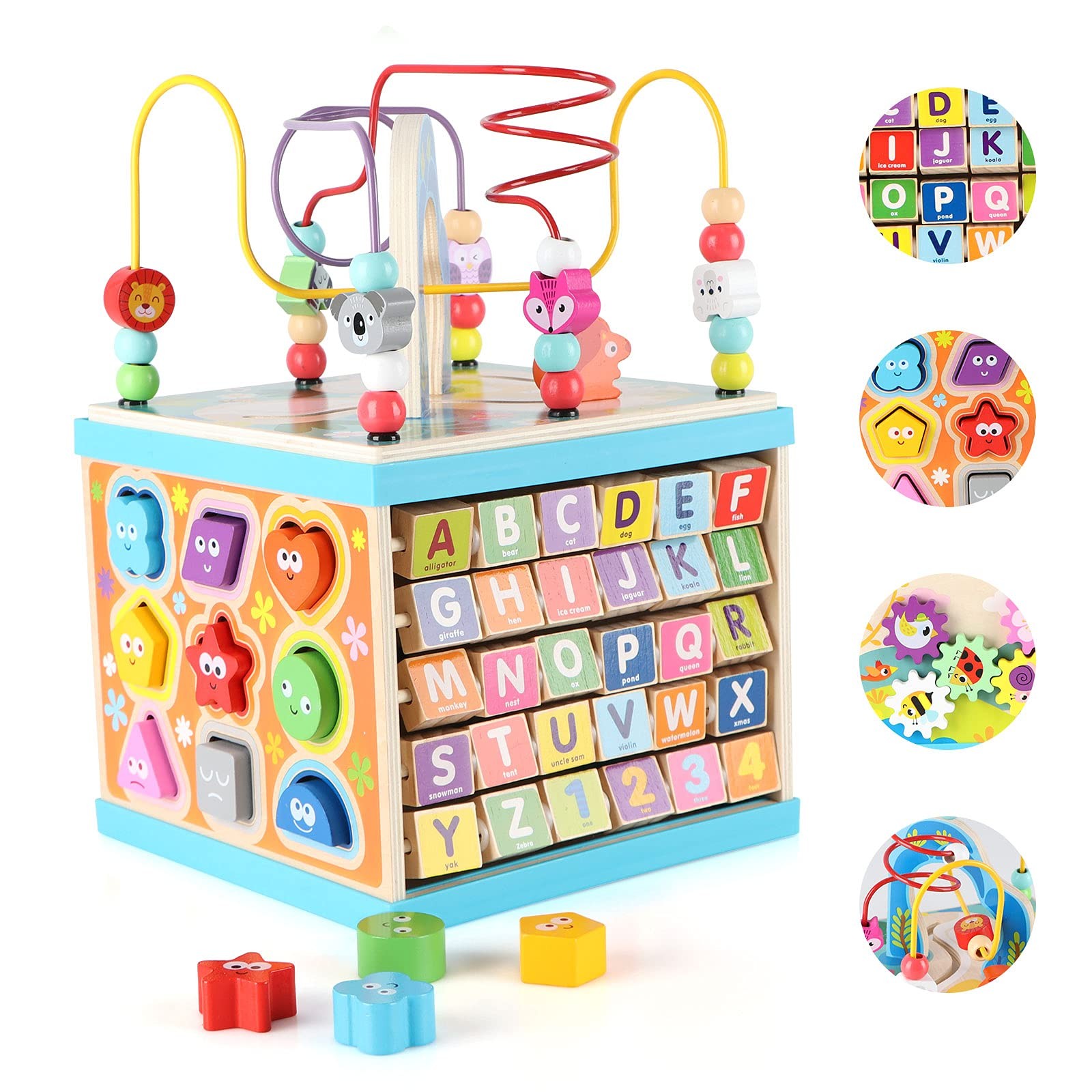 Qilay 5-in-1 Wooden Activity Cube for Toddlers Large, Multicolor Qilay 5-in-1 Wooden Activity Cube for Toddlers Large, Multicolor