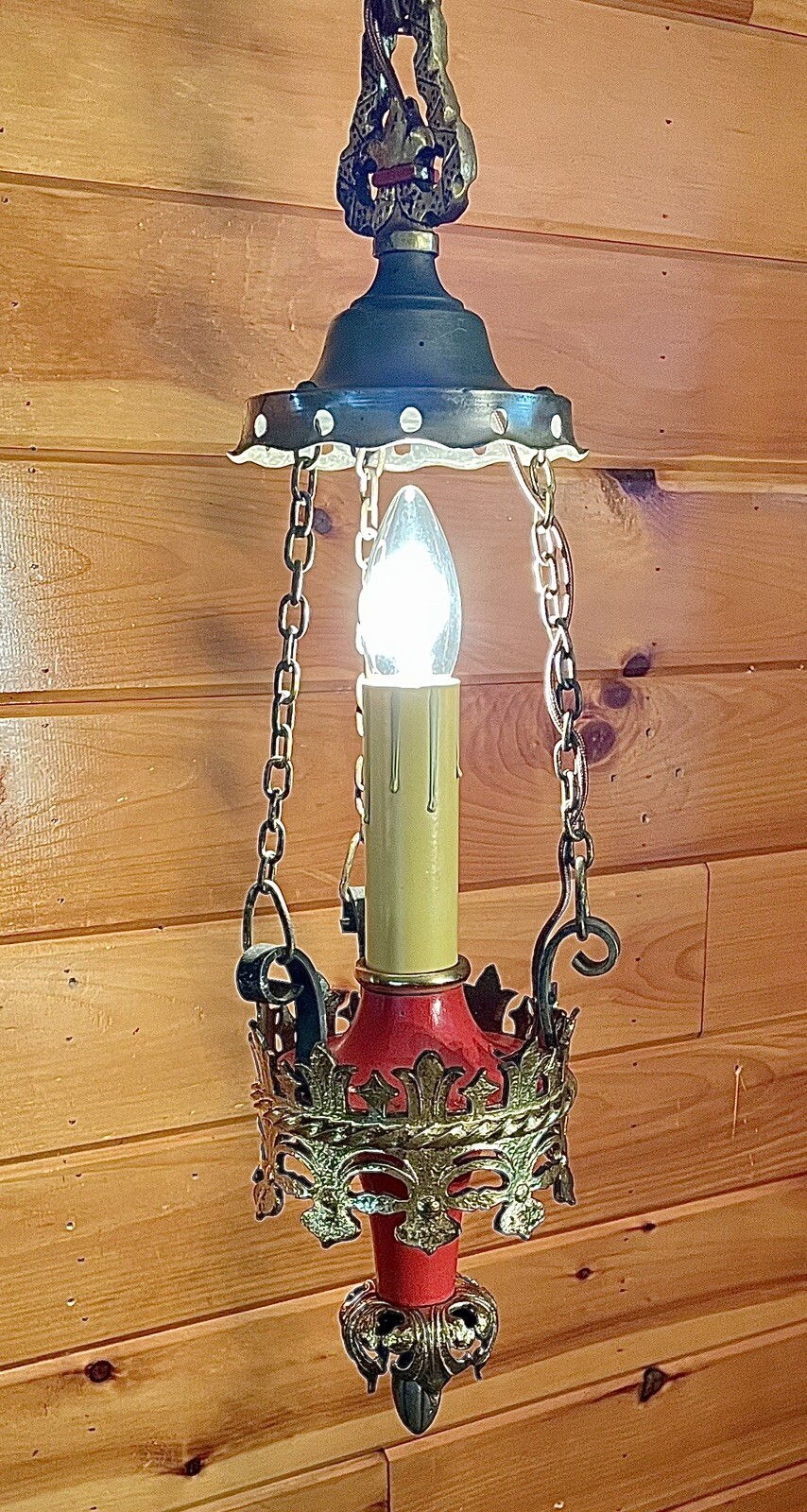 Antique 1910s 1920s  Bronze Petite Red Accent Chandelier Light Tudor Victorian