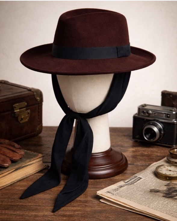 Vintage 1950s Dobbs Fur Felt Fedora Brown Hat w/ Black Chin Ties Bollman NWT
