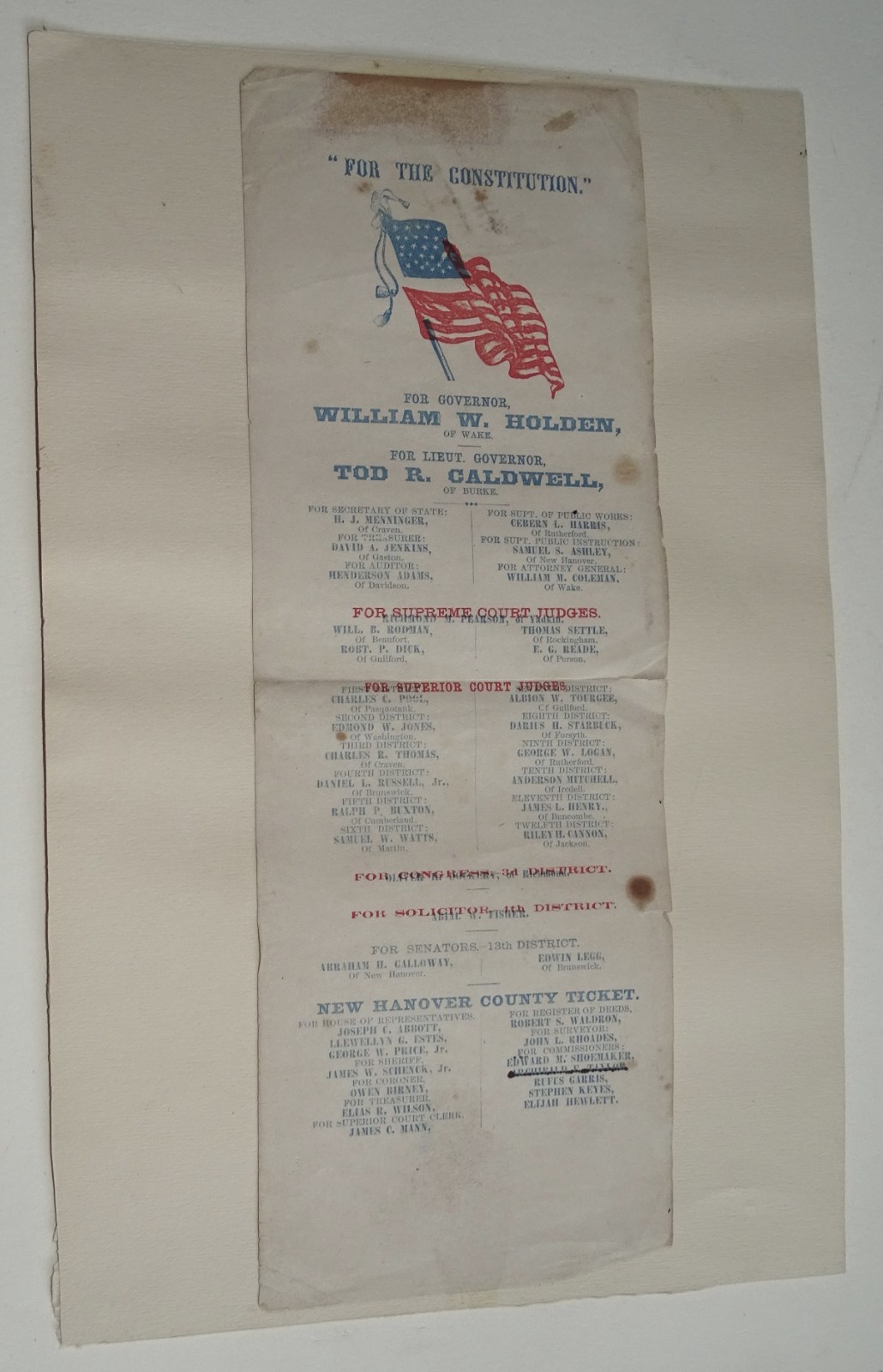 1868 North Carolina Reconstruction Election Ticket Broadside Governor Holden 1868 North Carolina Reconstruction Election Ticket Broadside Governor Holden