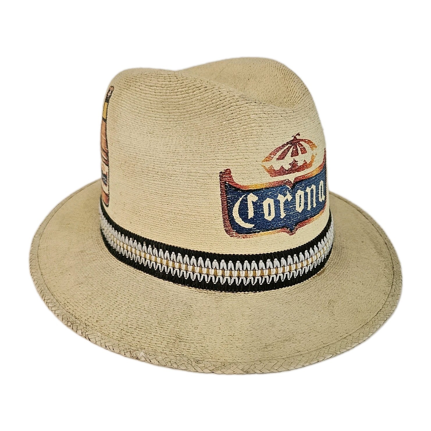 VTG Corona Beer Fedora  FidePal Panama Hand Painted Straw Hat Men Size 7 1960s