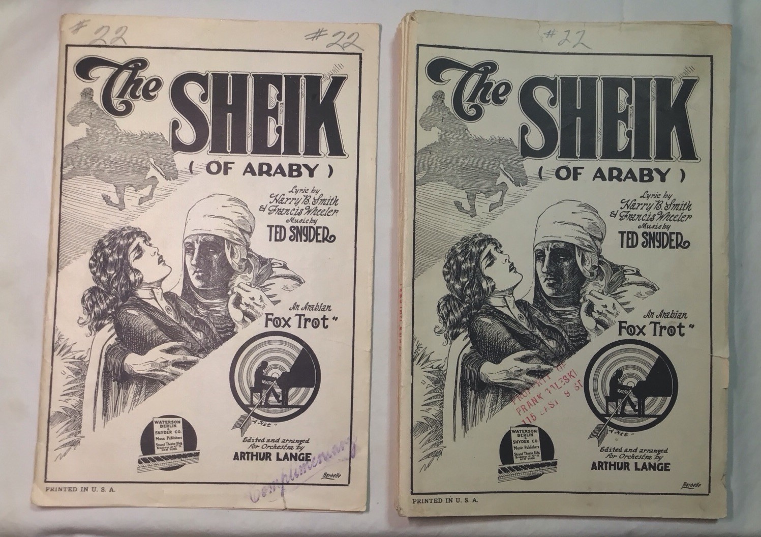 1921 Full Orchestra Sheet Music Set “The Shiek (of Araby)” Arthur Lange Arranged