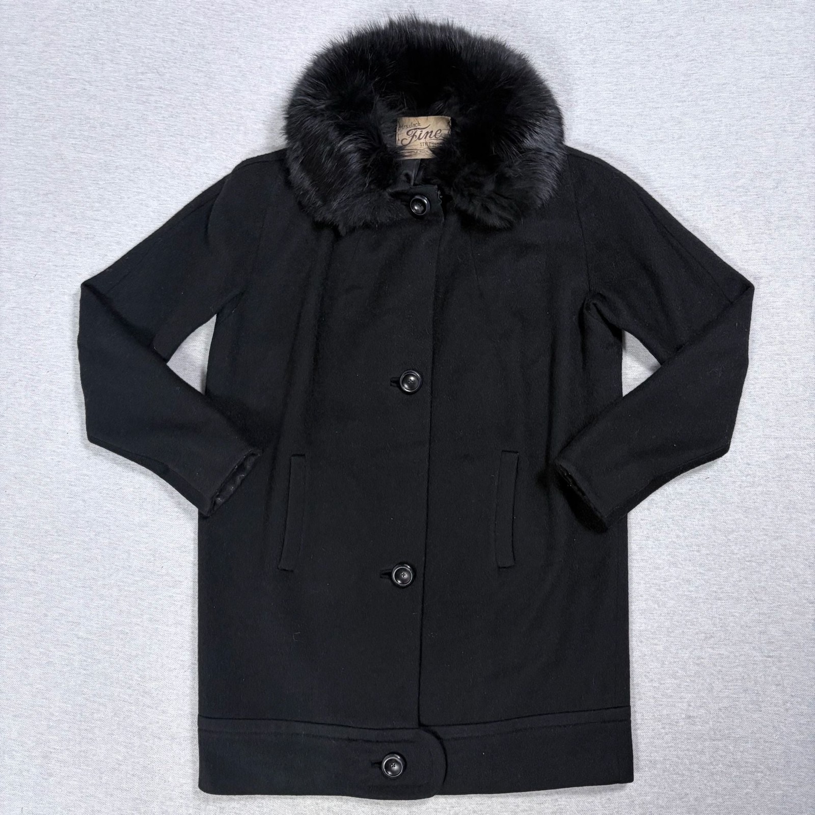 Vintage 1950s Moordale Black Wool Coat Genuine Fox Fur Collar MINT Condition M/L Vintage 1950s Moordale Black Wool Coat Genuine Fox Fur Collar MINT Condition M/L